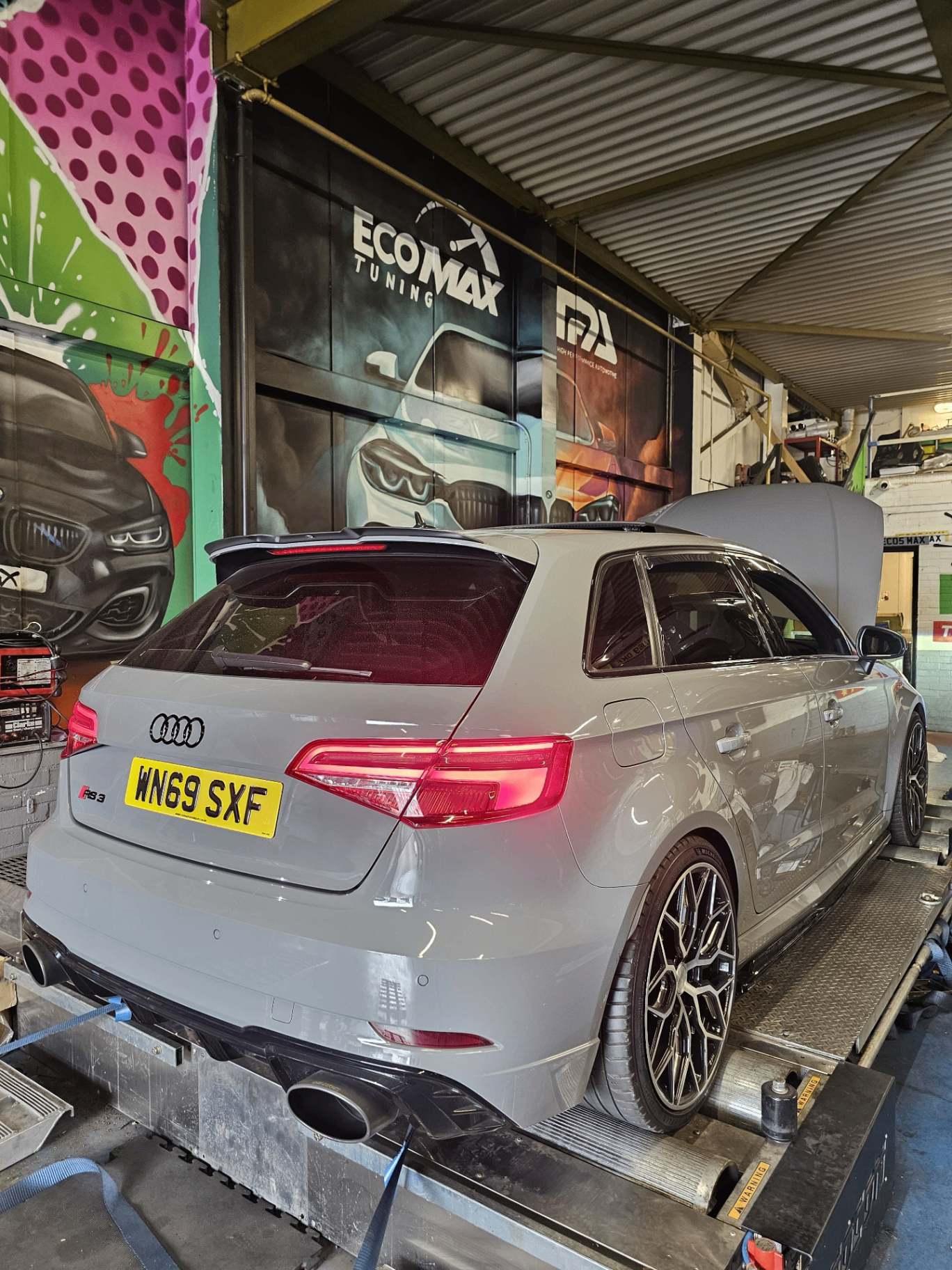 Audi RS3 on rolling road during Stage 1 remap in Cambridgeshire