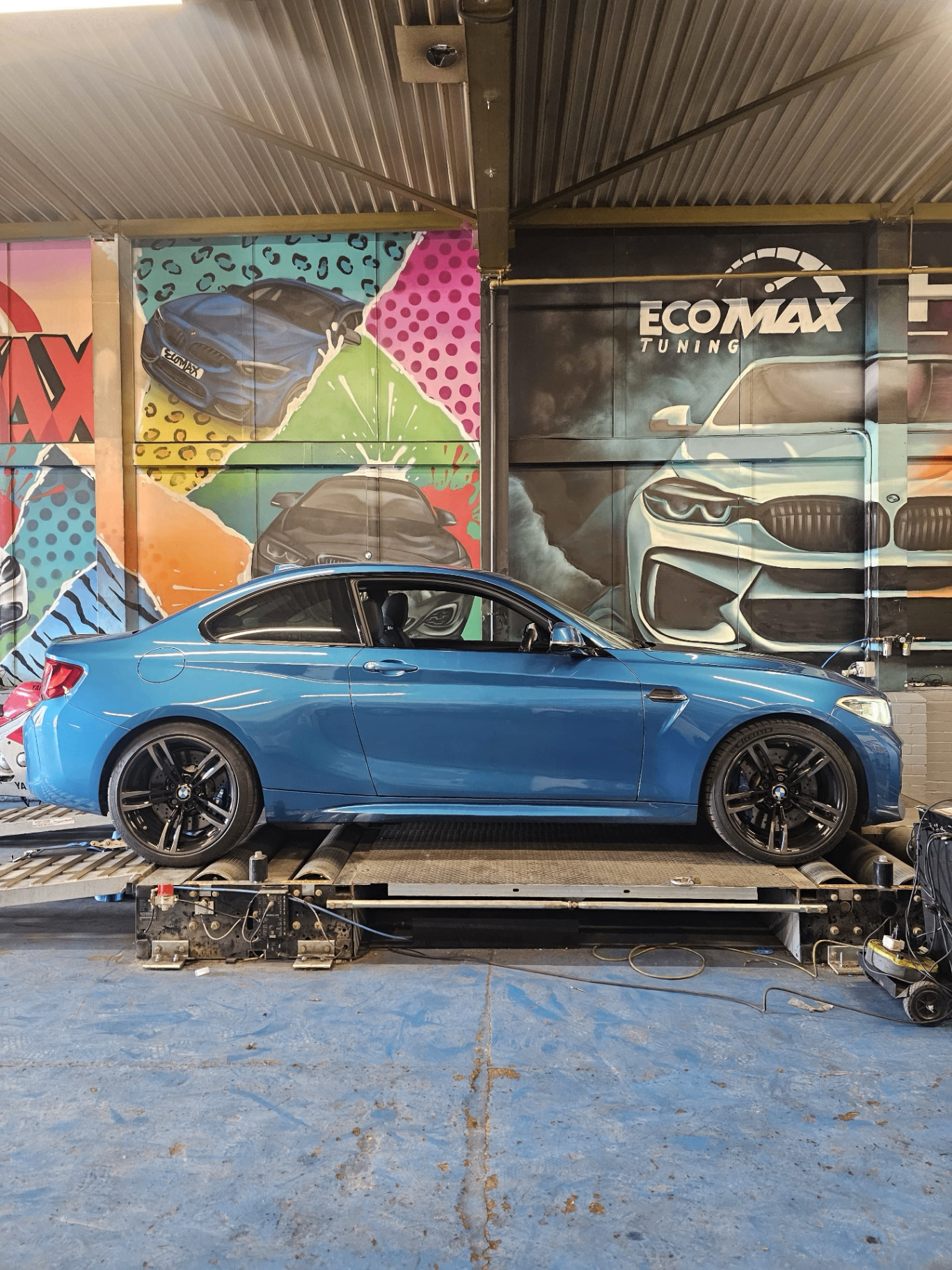 BMW M2 on dyno for custom Stage 2 tuning at EcoMax Peterborough