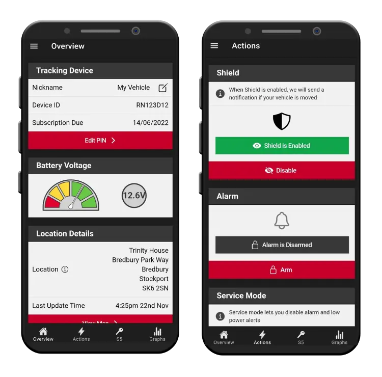 MiPhantom app showing tracking overview and security actions